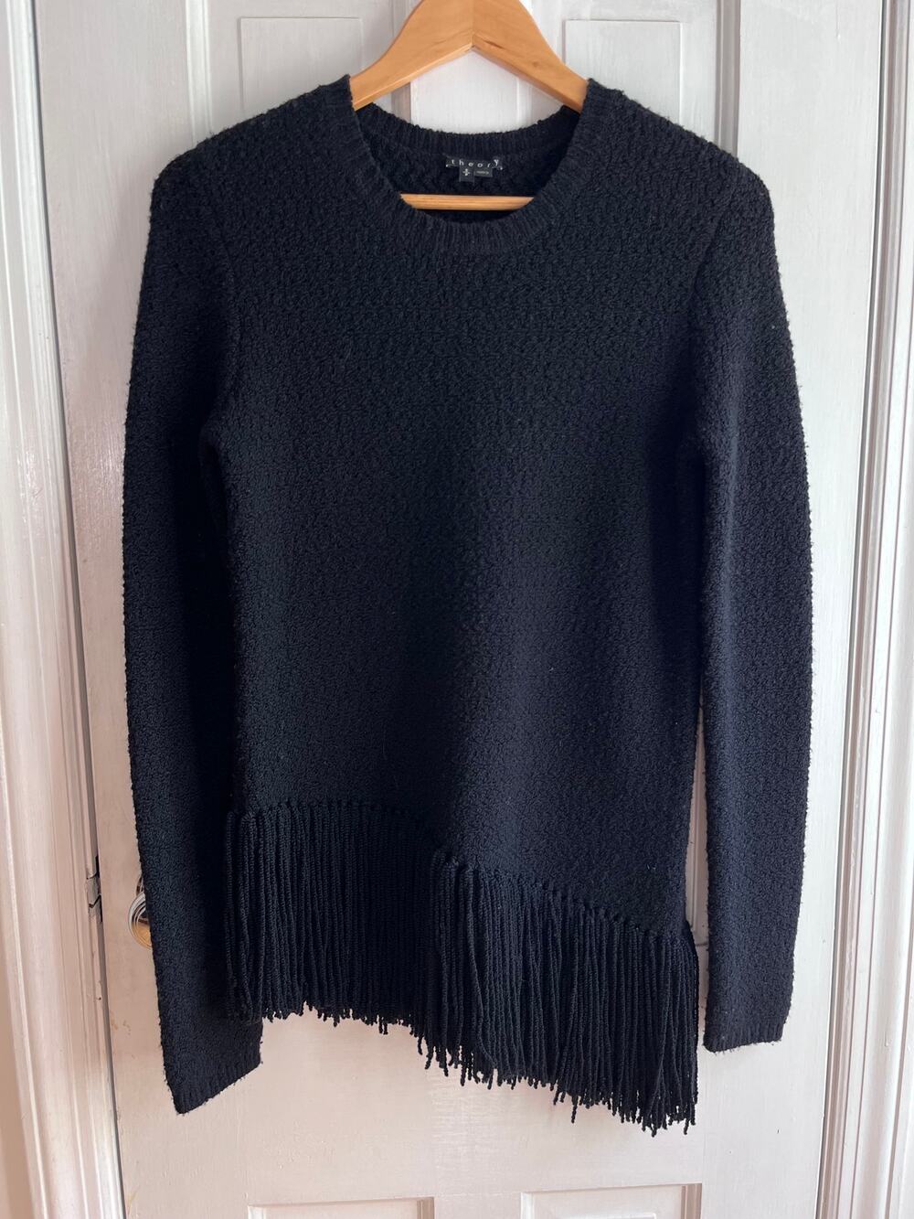 Theory Hudina R Merino Wool Asymmetrical Fringe Boucle Sweater Navy Size S Small